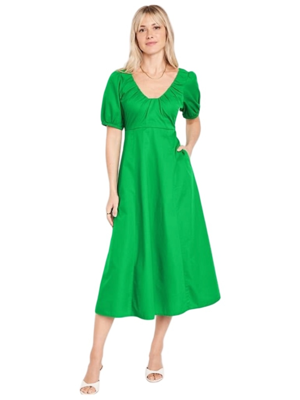 Old Navy Puff Sleeve Midi Dress Green Smocked Back Swing XL
